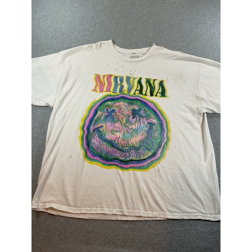 Nirvana Graphic T-Shirt Womens S/M White Distressed Smiley Face Nevermind #678